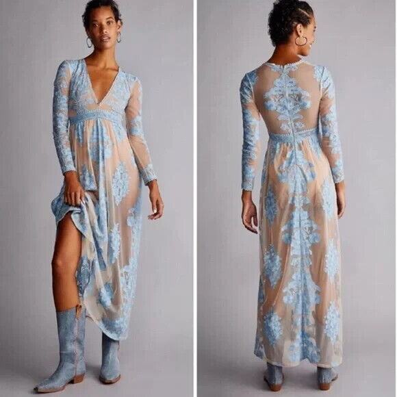NEW For Love & Lemons Temecula Maxi Dress in Rainsong Light Blue Size XS - Picture 2 of 13